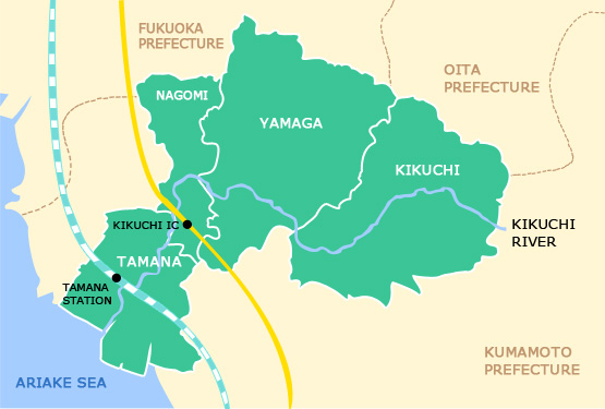 Tamana City、Nagomi City、Yamaga City、Kikuchi City map